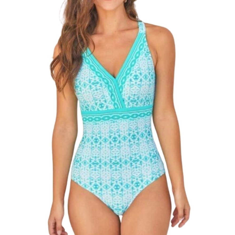 CABANA LIFE Turquoise Embroidered One Piece Bathing Suit. New with tags. Size L
